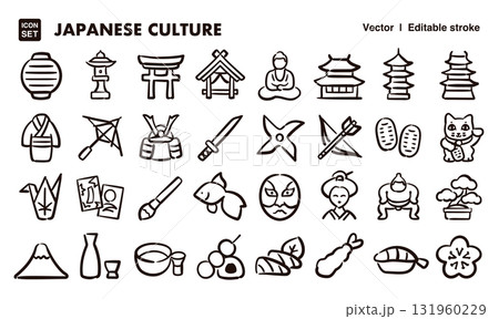 日本の伝統文化の手描きアイコンイラストセット　EPS版は線の太さ等編集可能 131960229