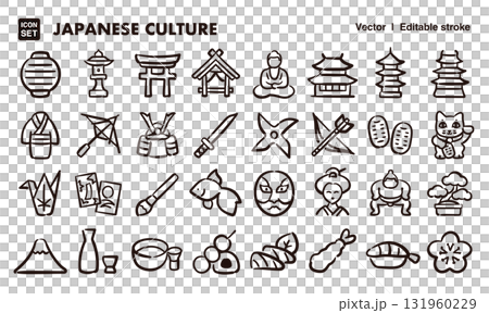 日本の伝統文化の手描きアイコンイラストセット　EPS版は線の太さ等編集可能 131960229