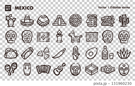 Mexico hand-drawn icon illustration set. EPS version can be edited to change line thickness, etc. 131960230