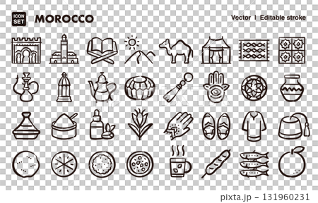 摩洛哥手繪圖示插畫集。 EPS 版本可編輯以變更線條粗細等。 131960231