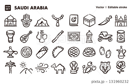 サウジアラビアの手描きアイコンイラストセット EPS版は線の太さ等編集可能 サウジアラビアの手描きアイコンイラストセット EPS版は線の太さ等編集可能 131960232