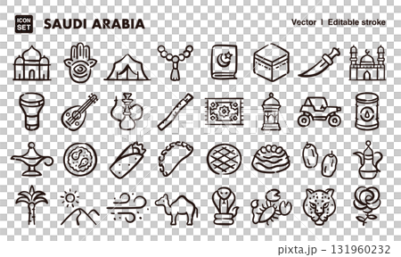 Saudi Arabia hand-drawn icon illustration set. EPS version can be edited to change line thickness, etc. 131960232