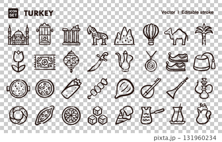 Türkiye hand-drawn icon illustration set. EPS version can be edited to change line thickness, etc. 131960234