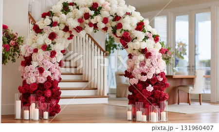 Elegant indoor floral arch with red, pink, and white roses and candle arrangement. 131960407