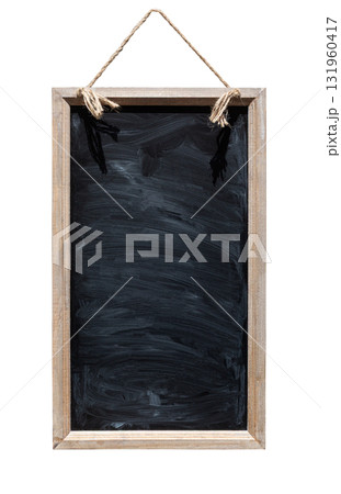 Empty hanging chalkboard with wooden frame on transparent background 131960417