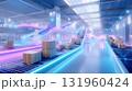 Futuristic automated warehouse with neon conveyor belts and cardboard boxes in motion. 131960424