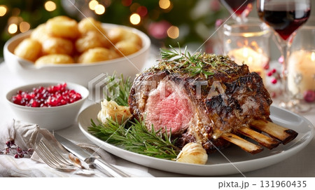 Juicy holiday roast beef with rosemary and sides in festive setting. 131960435