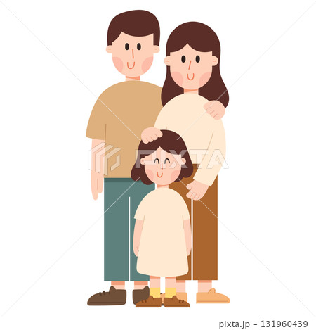 Flat cartoon vector illustration of a happy family with father, mother and daughter. Parenting and love concept in minimal flat design, perfect for lifestyle and relationship themes. Flat cartoon vector illustration of a happy family with father, mother and daughter. Parenting and love concept in minimal flat design, perfect for lifestyle and relationship themes. 131960439