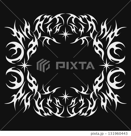 Neo tribal flame frame design. Stylish neo tribal flame frame design with white fire shapes on black background. Perfect for tattoo frame, poster border, or modern decorative artwork. 131960443
