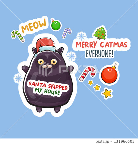 Merry Christmas greeting card or banner with Black cat with Santa hat , quotes, candy, balls, tree,stars ,snowflakes isolated on blue background. Christmas stickers concept illustration set 131960503