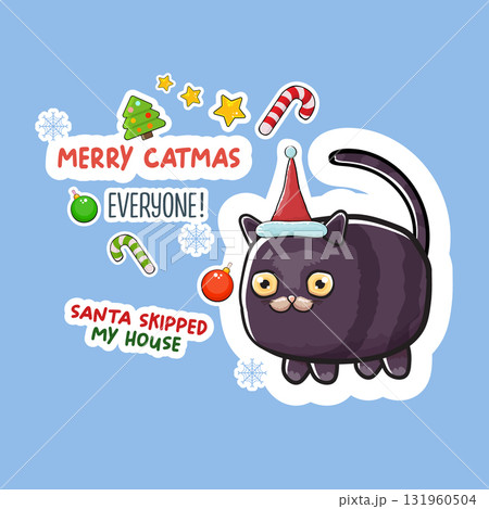 Merry Christmas greeting card or banner with Black cat with Santa hat , quotes, candy, balls, tree,stars ,snowflakes isolated on blue background. Christmas stickers concept illustration set 131960504