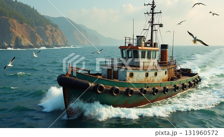 A fishing boat returns to shore with its catch 131960572