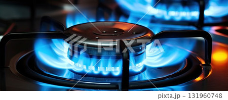 two kitchen gas stove burners, close up of blue flame 131960748