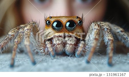 Jumping spider macro portrait displaying vibrant eyes and detailed fur texture, extreme close-up nature photography showing intricate arachnid features 131961167