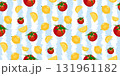 Red tomato and lemon pattern background with on a blue, white brush striped summer vibes design 131961182