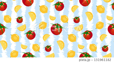 Red tomato and lemon pattern background with on a blue, white brush striped summer vibes design Red tomato and lemon pattern background with on a blue, white brush striped summer vibes design 131961182