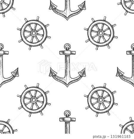 Seamless pattern with ship s steering wheels. Black and white graphics, hand-drawn vector illustrations. For children s games and celebrations. For textiles, packaging, decor, wallpapers, and more. Seamless pattern with ship s steering wheels. Black and white graphics, hand-drawn vector illustrations. For children s games and celebrations. For textiles, packaging, decor, wallpapers, and more. 131961183