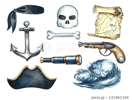 set of pirate-themed illustrations. Hand-drawn watercolor illustrations. A map, a pirate's tricorn hat and anchor, a skull and crossbones, a pistol, and a telescope. For games, stickers, and more set of pirate-themed illustrations. Hand-drawn watercolor illustrations. A map, a pirate's tricorn hat and anchor, a skull and crossbones, a pistol, and a telescope. For games, stickers, and more 131961184