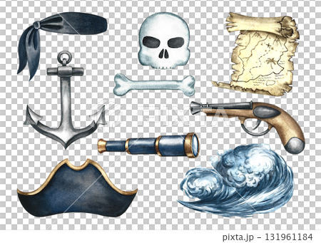 set of pirate-themed illustrations. Hand-drawn watercolor illustrations. A map, a pirate's tricorn hat and anchor, a skull and crossbones, a pistol, and a telescope. For games, stickers, and more set of pirate-themed illustrations. Hand-drawn watercolor illustrations. A map, a pirate's tricorn hat and anchor, a skull and crossbones, a pistol, and a telescope. For games, stickers, and more 131961184
