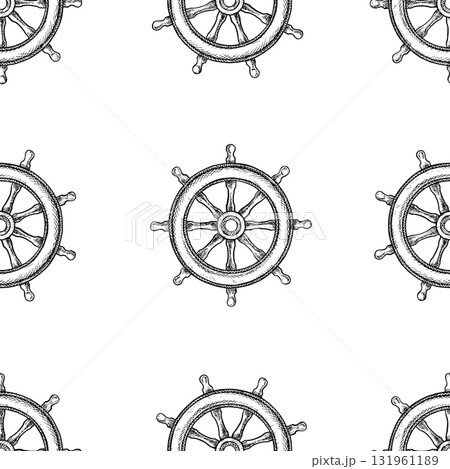 Seamless pattern with ship s steering wheels. Black and white graphics, hand-drawn vector illustrations. For children s games and celebrations. For textiles, packaging, decor, wallpapers, and more. 131961189