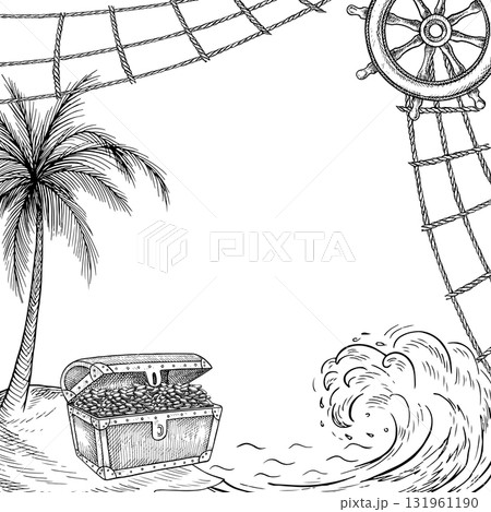 Frame Treasure Island. Black and white graphics, hand-drawn vector illustration. An old chest with gold coins on an island under a palm tree. For children s games, holidays, postcards, and posters. Frame Treasure Island. Black and white graphics, hand-drawn vector illustration. An old chest with gold coins on an island under a palm tree. For children s games, holidays, postcards, and posters. 131961190