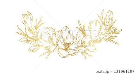 Golden crocus flowers line art isolated on white background. Luxury crocus floral design elements for invitation, wedding, wallpaper, print template, vector illustration Golden crocus flowers line art isolated on white background. Luxury crocus floral design elements for invitation, wedding, wallpaper, print template, vector illustration 131961197