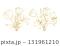Golden lily and tulip flowers line art isolated on white background. Luxury tulip lily floral design elements for invitation, wedding, wallpaper, print template, vector illustration 131961210