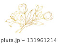 Golden lily and tulip flowers line art isolated on white background. Luxury tulip lily floral design elements for invitation, wedding, wallpaper, print template, vector illustration 131961214