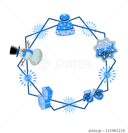 Holiday frame with snowman, mittens, hat, snowflakes, and gingerbread cookies, vector illustration 131961218