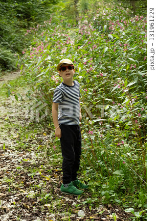 Portrait of an Eight-Year-Old Boy Walking in Alpine Forest among Tall Wild Flowers Portrait of an Eight-Year-Old Boy Walking in Alpine Forest among Tall Wild Flowers 131961229