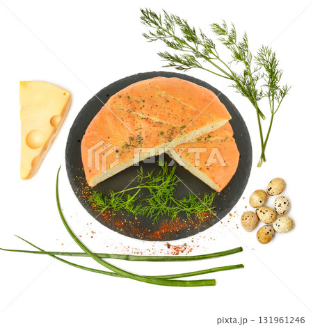 Flatbread Focaccia Still Life with Cheese and Quail Eggs Flatbread Focaccia Still Life with Cheese and Quail Eggs 131961246