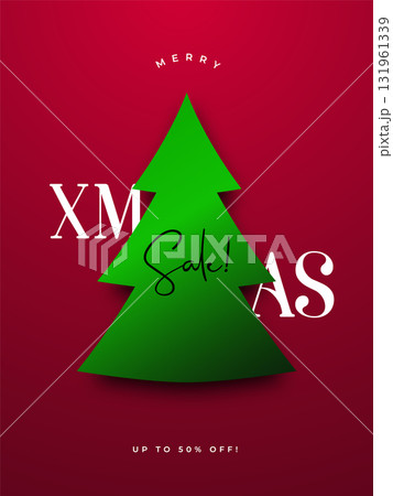 Bold green Christmas tree against vibrant red backdrop celebrati 131961339