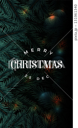 Dark green background features pine branches with elegant holida Dark green background features pine branches with elegant holida 131961340