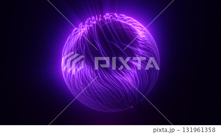 Bright pink and violet neon sphere with glowing electric strands and tiny light particles in a digital space 131961358
