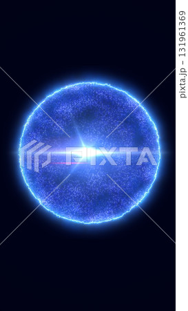 Glowing blue energy sphere with bright core and particle halo on dark background 131961369