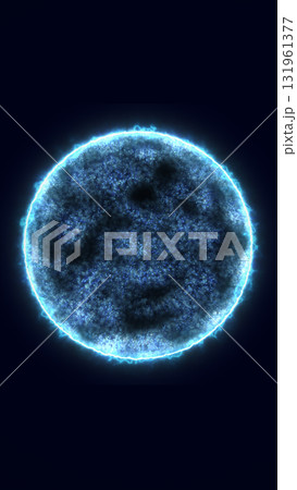 Blue glowing cosmic sphere with illuminated surface details against a dark background Blue glowing cosmic sphere with illuminated surface details against a dark background 131961377