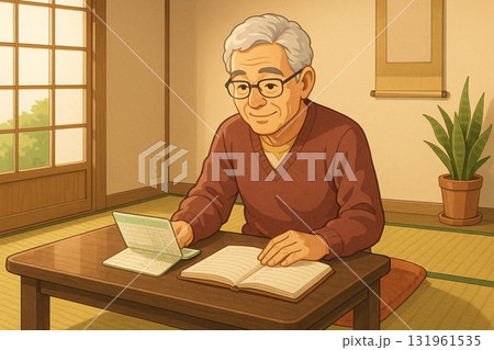 和室で通帳を確認 131961535