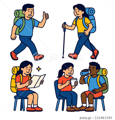 Isolated separated layered colorful illustration of hikers with backpack map and water 131961595