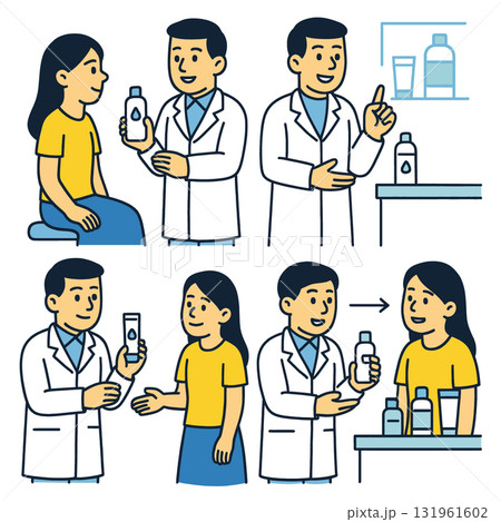 Isolated separated layered colorful illustration of doctor explaining skincare product to 131961602