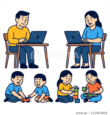 Isolated separated layered colorful illustration of family with parents working Isolated separated layered colorful illustration of family with parents working 131961608