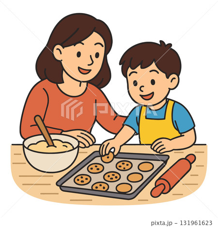Isolated colorful illustration of mother and child baking cookies separated layered Isolated colorful illustration of mother and child baking cookies separated layered 131961623