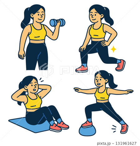 Isolated colorful illustration of woman separated layered fitness poses with happy 131961627