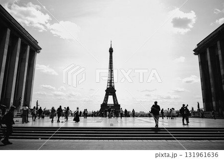 Silhouette of Eiffel Tower and people in Paris black and white Silhouette of Eiffel Tower and people in Paris black and white 131961636