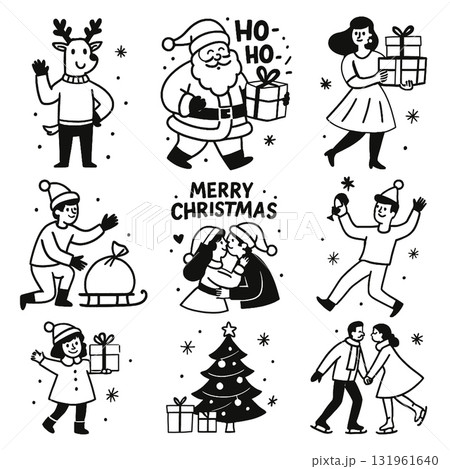 Isolated separated layered lineart outline Christmas people holding gift box joyful holiday Isolated separated layered lineart outline Christmas people holding gift box joyful holiday 131961640