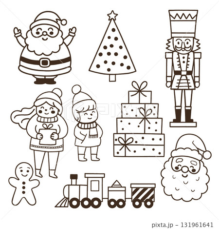 Isolated layered lineart outline of Christmas characters separated with tree and gifts 131961641