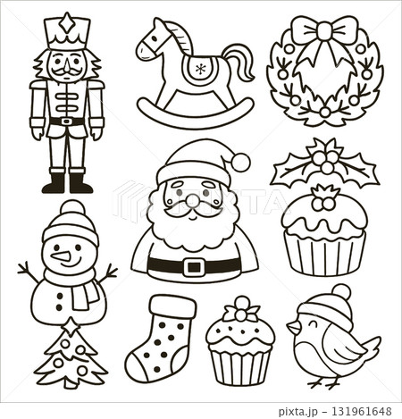 Isolated layered lineart outline of Christmas nutcracker rocking horse wreath Santa holly 131961648