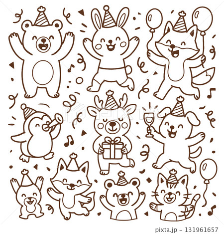Isolated separated layered lineart outline of cute animal party characters with joyful Isolated separated layered lineart outline of cute animal party characters with joyful 131961657
