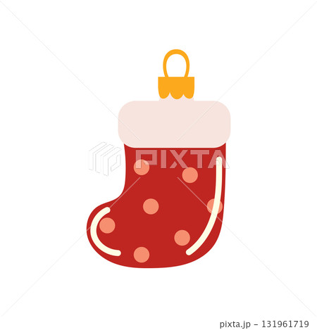 A stocking-shaped ornament and figurine for the Christmas tree. Elements of Christmas decor. Flat graphic vector illustration on a white background. 131961719