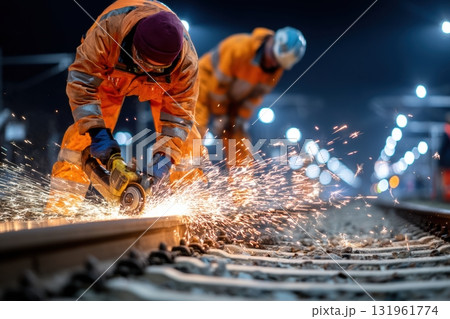At nighttime, dedicated railway workers actively engage in cutting tracks, creating sparks, At nighttime, dedicated railway workers actively engage in cutting tracks, creating sparks, 131961774
