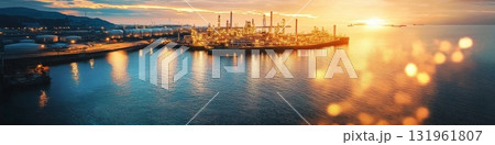 A Breathtaking and Stunningly Vibrant Sunset Overlooking a Massive Industrial Oil Refinery Located by the Waters Edge 131961807